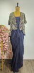 Navy blue colour drape saree pair with sequence work jacket