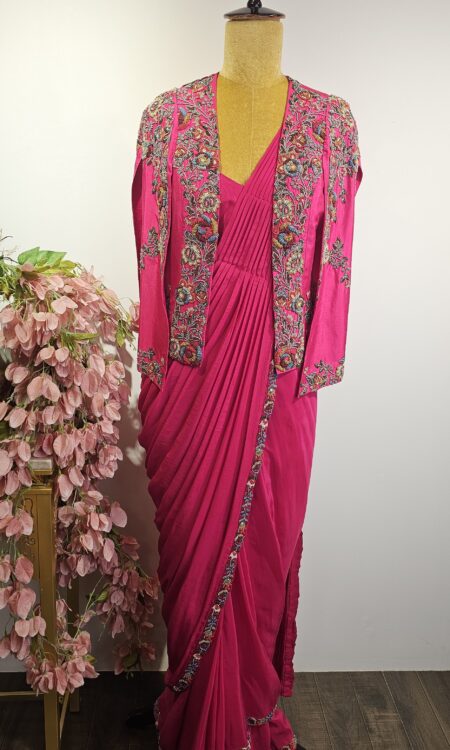 Rani pink colour drape saree pair with bead work jacket