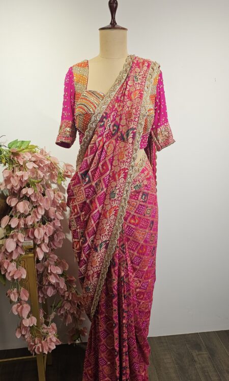 Rani pink colour drape saree with stitched blouse