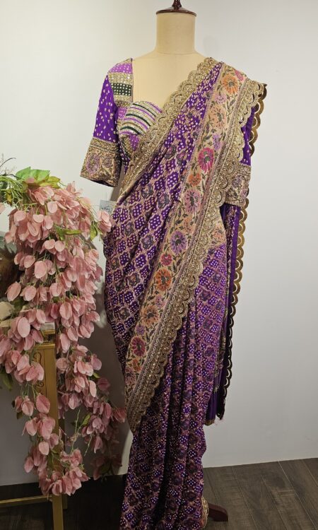 Wine colour drape saree with stitched blouse