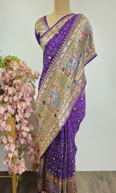Purple colour bandhani saree with paithani border