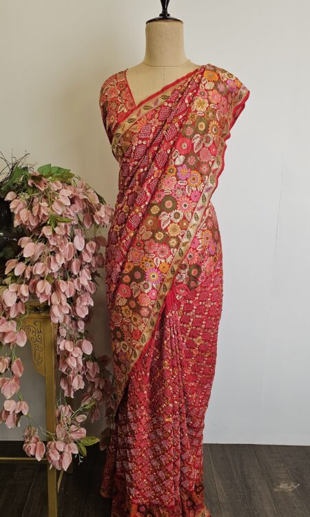 Red colour bandhani saree