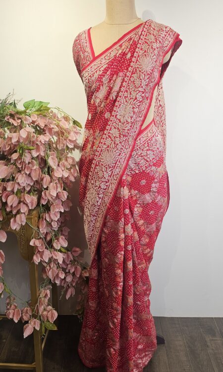 Red colour bandhani saree with meenakari weave