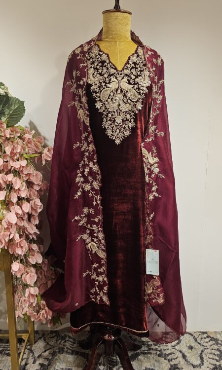 Maroon colour velvet semi stitched suit