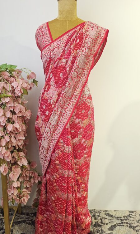 Georgette bandhani with parsi weaving