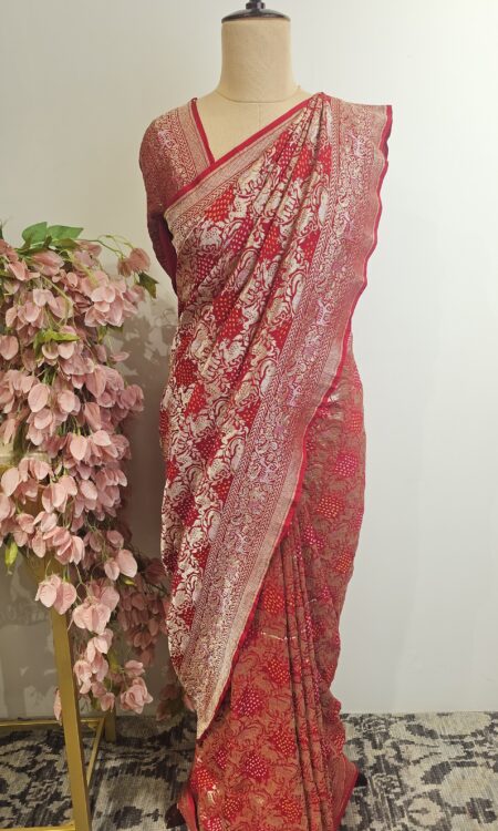 Red colour bandhani saree