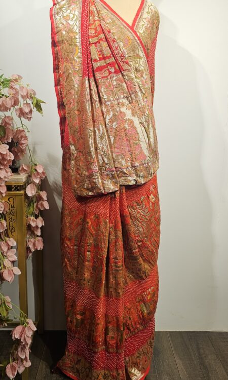 Georgette bandhani pilia (red-orange) with radha krishna figures