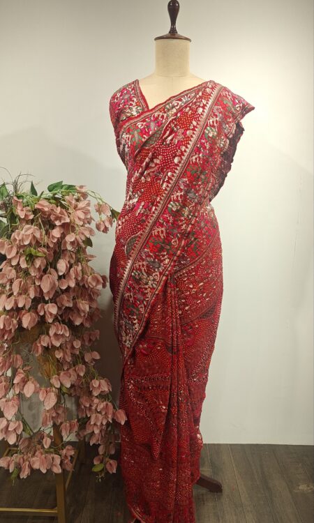 Red colour georgette bandhani saree