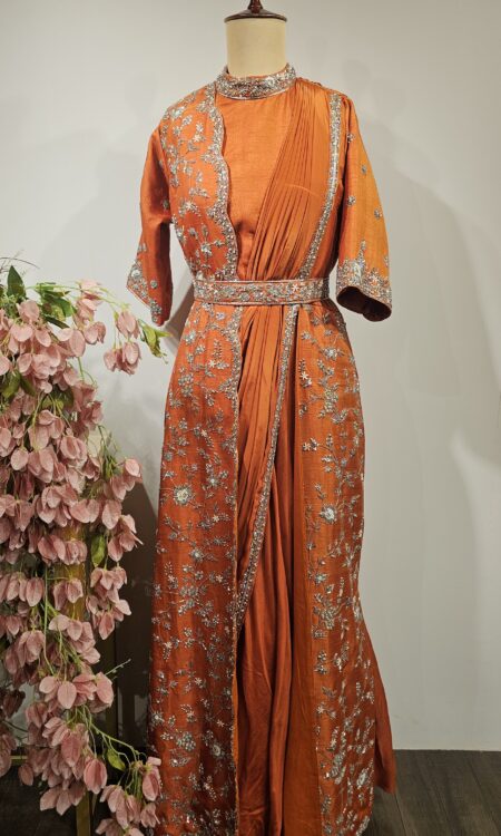 Rust orange anarkali in drape style with belt