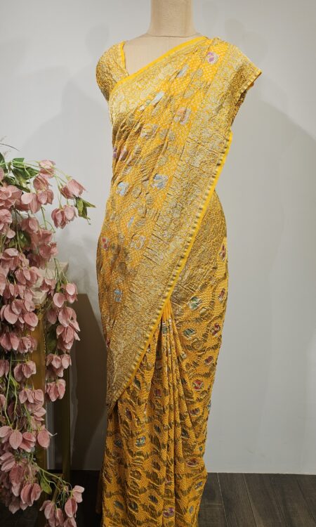 Yellow colour bandhani saree