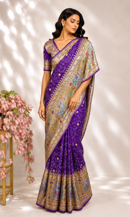 Purple colour bandhani saree with paithani border