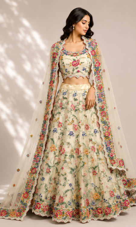 Banarasi tissue lehenga with petit point embroidery