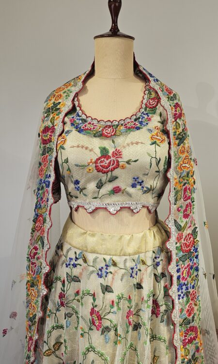 Banarasi tissue lehenga with petit point embroidery