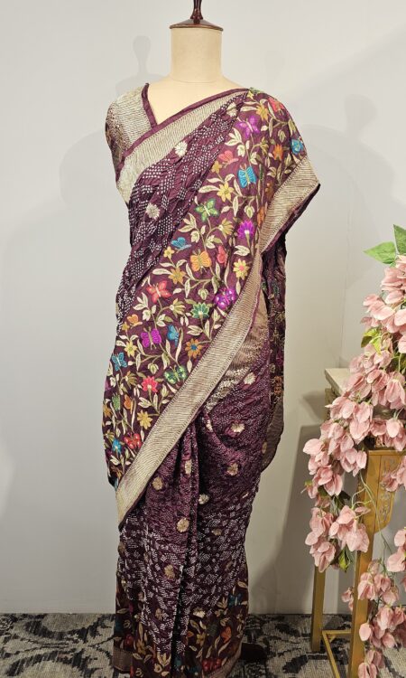 Wine colour bandhani saree