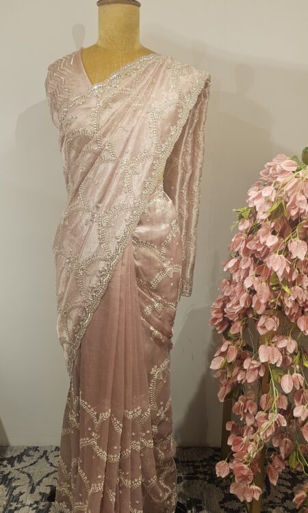Coral pink colour organza saree
