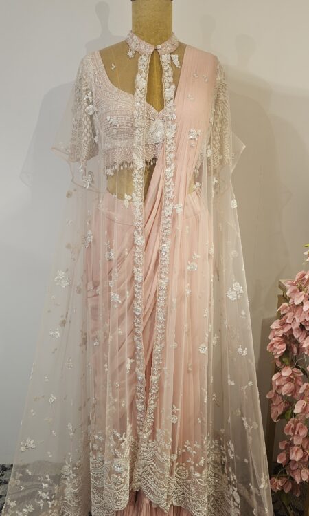 Light pink drape saree with cape