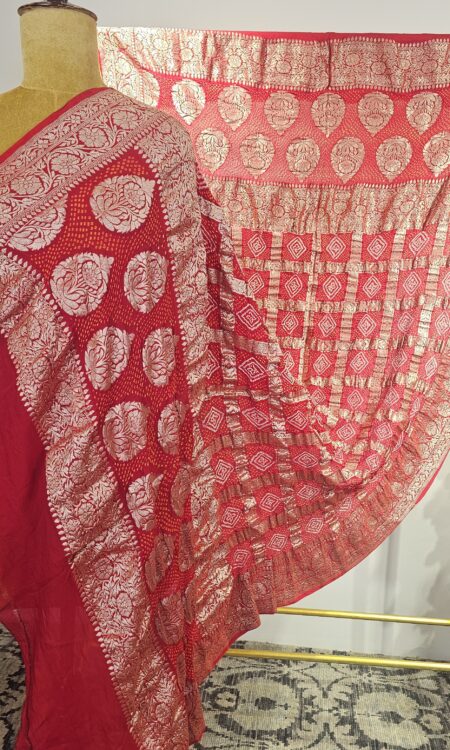 Red bandhani dupatta with zari weaving Ghatchola concept (odhana)