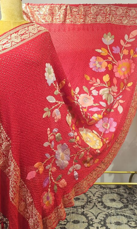 Red Bandhani Dupatta with zari border (odhana)