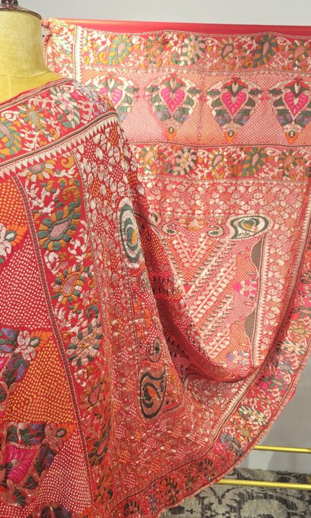 Red Bandhani Dupatta with complete zari weaving with meenakari (odhana)