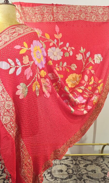 Red  Bandhani silk Dupatta with zari weaving (odhana).
