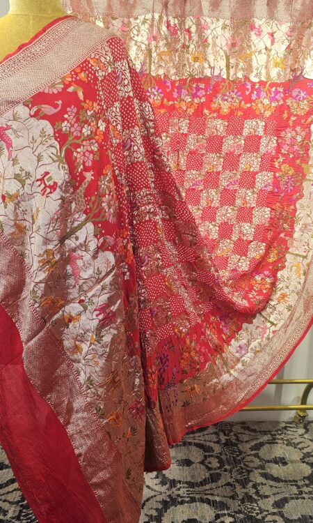 Red Bandhani Dupatta with zari weaving (odhana)