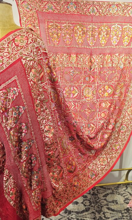 Red Bandhani Dupatta with complete zari and meenakari weaving all over the dupatta. (Odhana)
