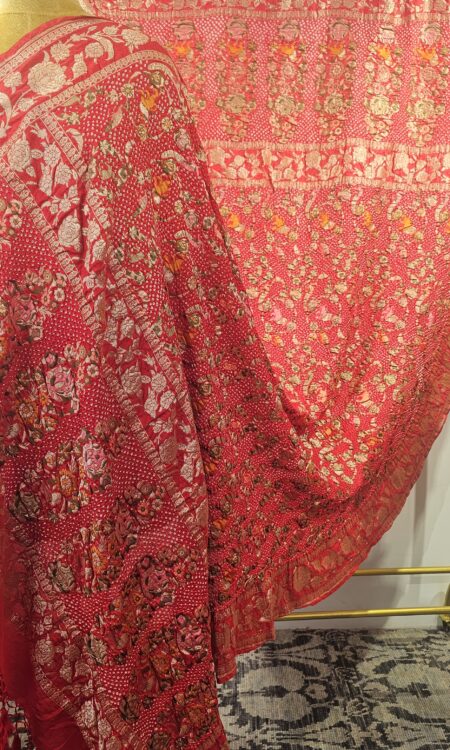 Red Bandhani Dupatta with complete zari weaving (odhana)