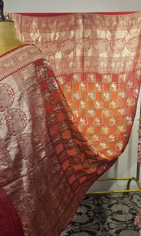 Red - orange (pilia) Gajraj concept bandhani dupatta.