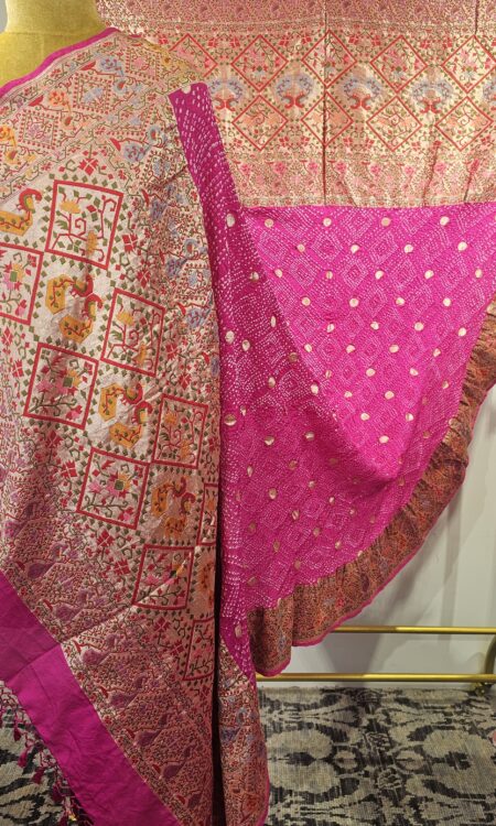 Hot Pink banarasi silk bandhani dupatta with paithani border.