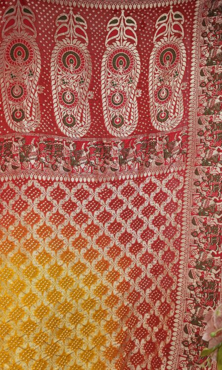 Red-yellow bandhani dupatta with doli baraat concept