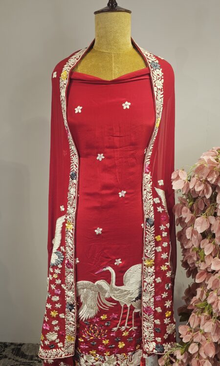 Red colour parsi gara unstitched suit