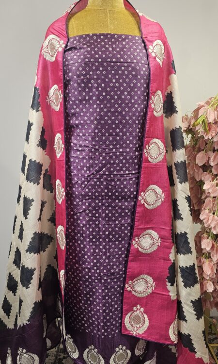 Tussar printed bandhani unstitched suit