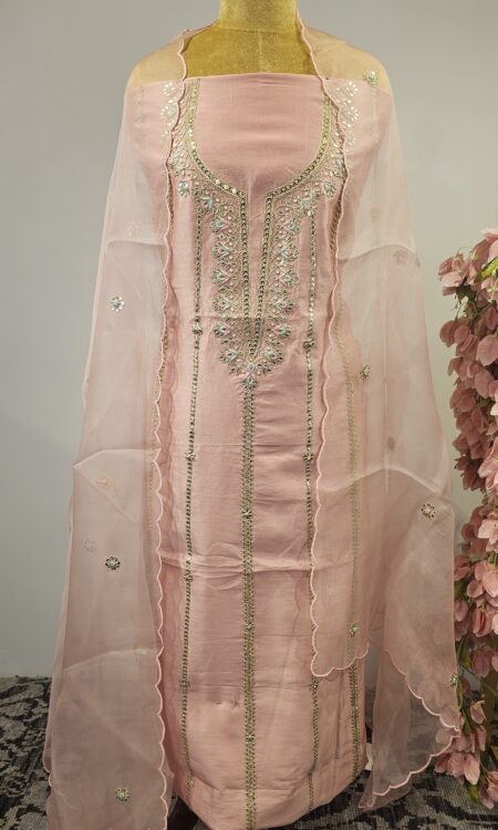 Pink dori work unstitched suit