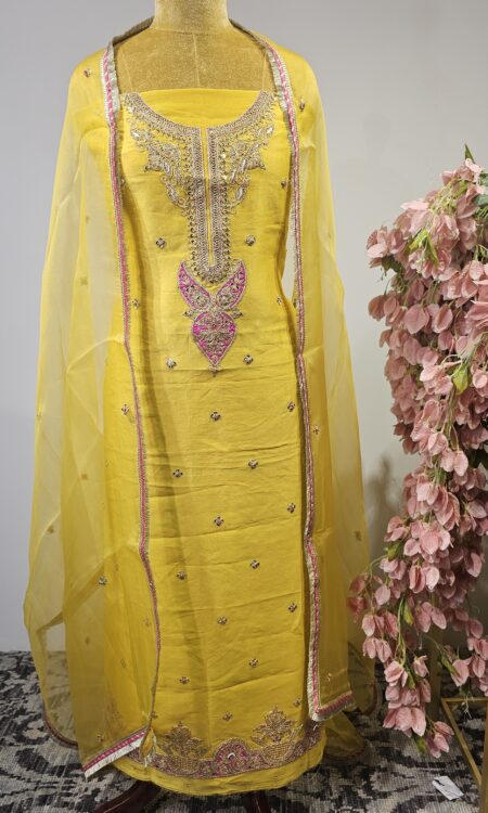 Yellow dori work unstitched suit