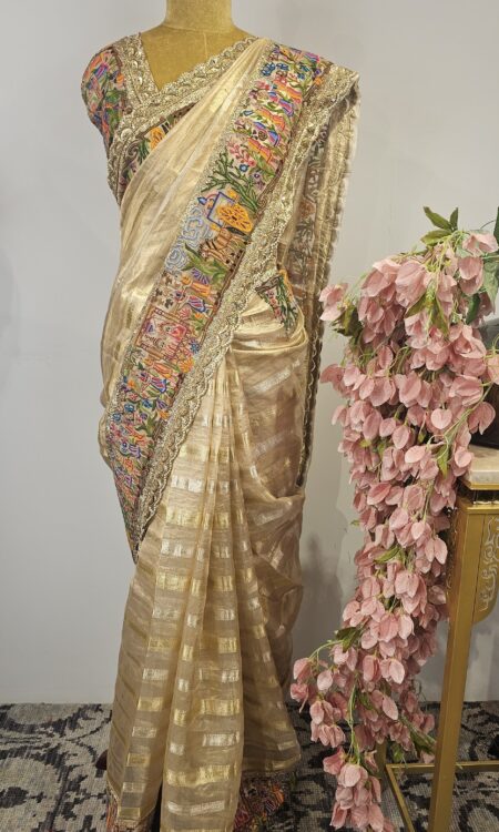 Golden Kanchi tissue petit point saree
