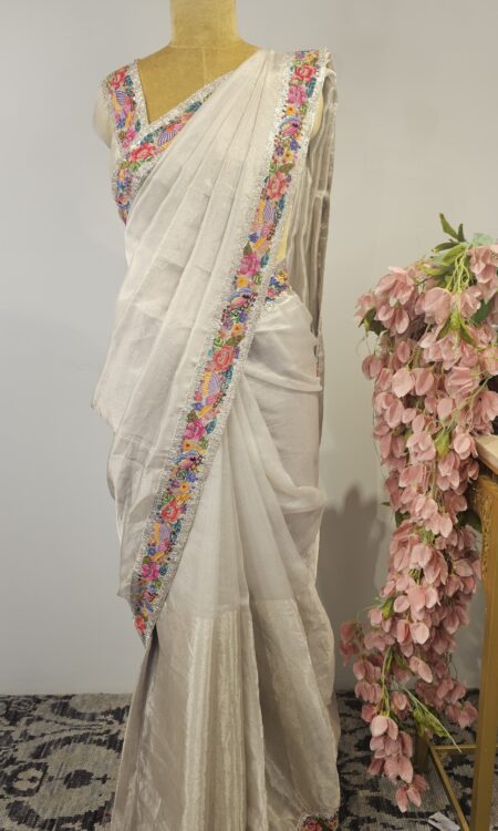 Silver Tissue organza petit point saree