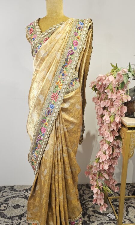 Golden banarasi tissue with petit point embroidery