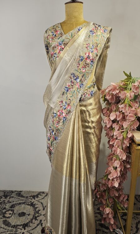 Gold and silver tissue saree with parsi border