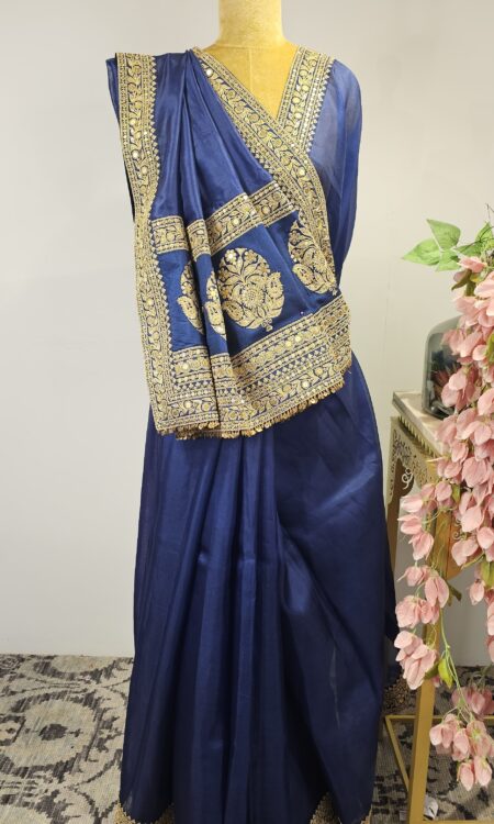 Navy blue colour organza saree