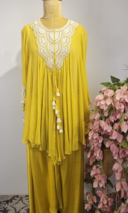 Lemon yellow cape top with flare pant