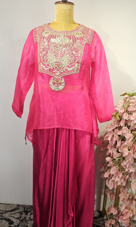 Hot pink colour drape skirt with cape