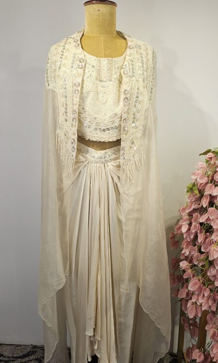 White colour drape skirt with cape