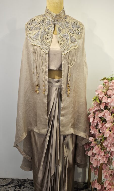 Grey colour drape skirt with cape