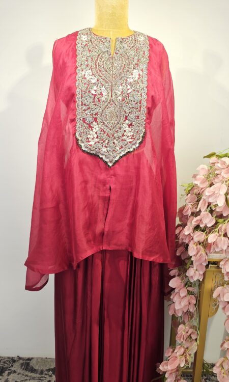 Red colour drape skirt with cape