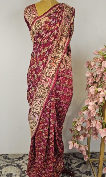 Maroon bandhani saree