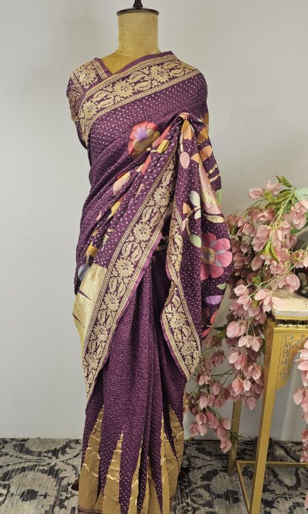 Wine colour bandhani saree