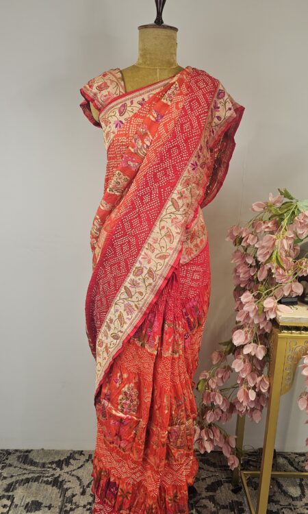 Red to orange colour bandhani saree with radha krishna concept