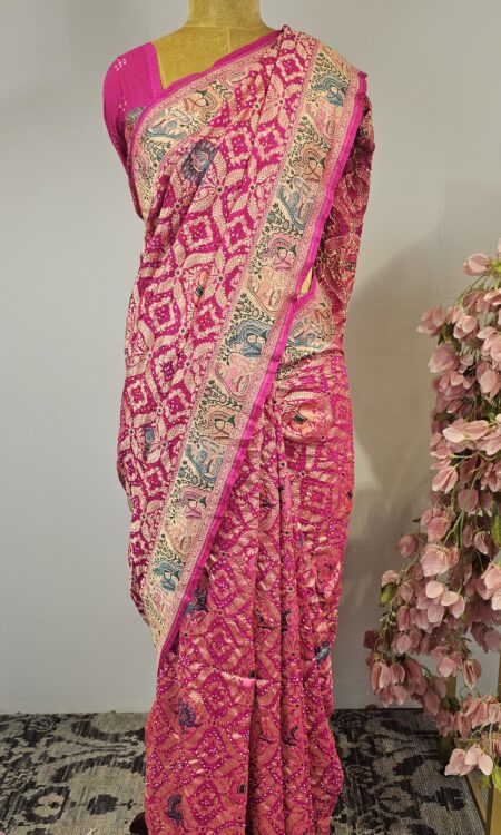 Pink bandhani saree