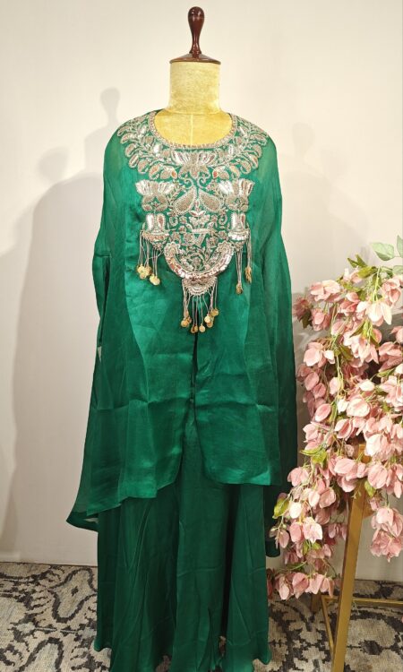 Emerald green colour cape top with flared pants