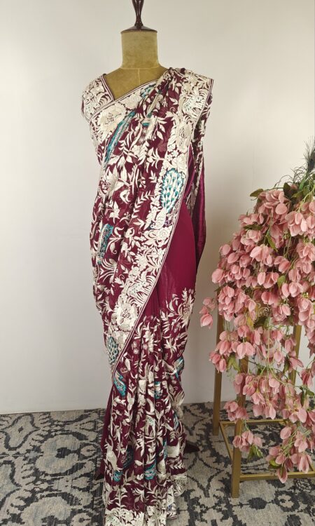 Wine colour parsi saree